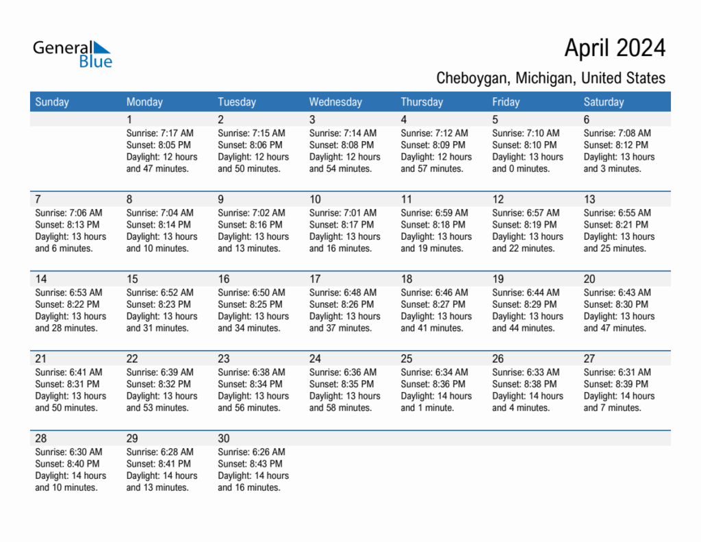 April 2024 Sunrise And Sunset Calendar For Cheboygan PDF Excel Word