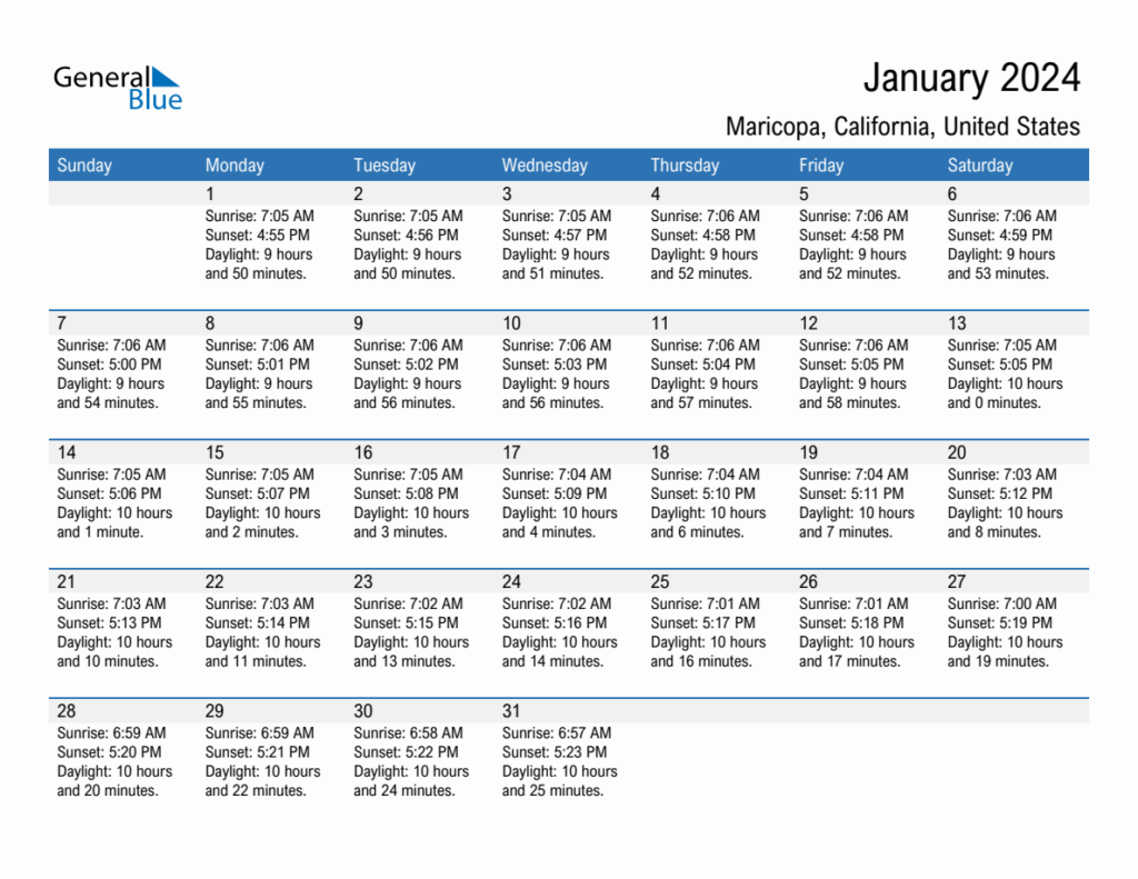January 2024 Sunrise And Sunset Calendar For Maricopa PDF Excel Word 