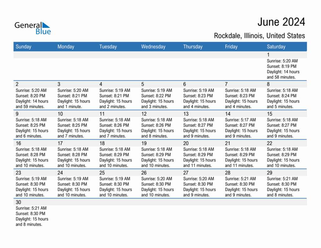 June 2024 Sunrise And Sunset Calendar For Rockdale PDF Excel Word 