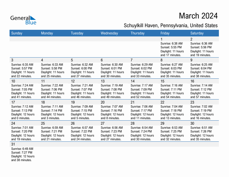 March 2024 Sunrise And Sunset Calendar For Schuylkill Haven PDF Excel 