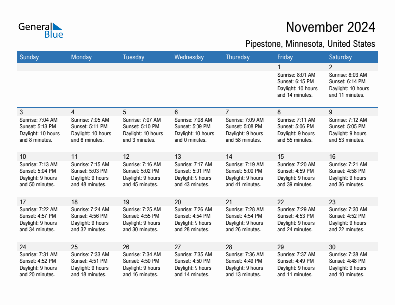November 2024 Sunrise And Sunset Calendar For Pipestone PDF Excel Word 