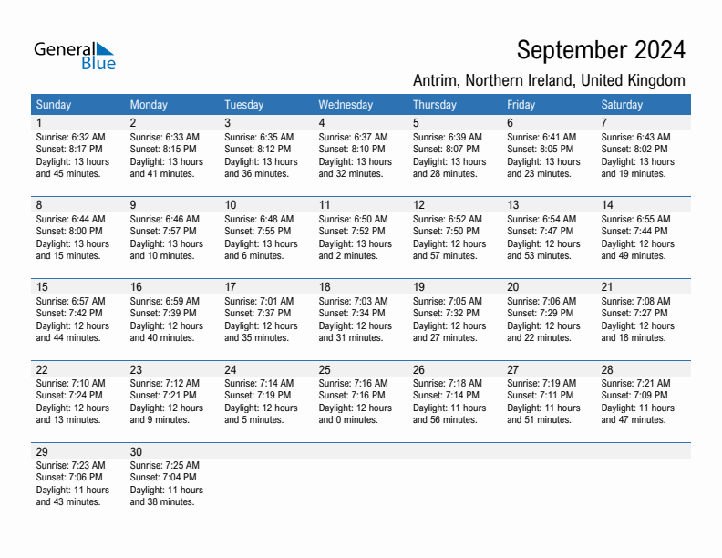 September 2024 Sunrise And Sunset Calendar For Antrim PDF Excel Word 