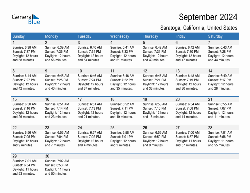 September 2024 Sunrise And Sunset Calendar For Saratoga PDF Excel Word 